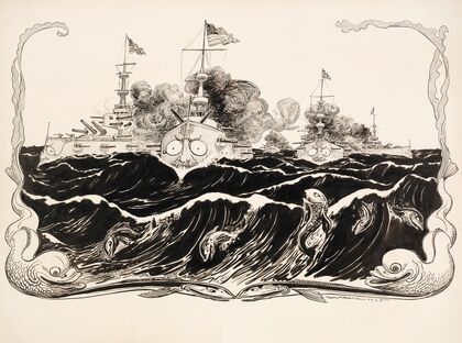 Three U.S. war ships traveling through rough waters (1905)