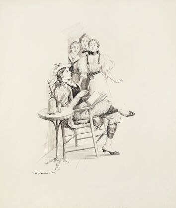 Three women in dresses look shocked at another woman who is reading, wearing a suit, smoking and drinking. (1896)