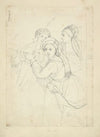 Three women in hats with trains viewed half length, a fourth figure partially sketched
