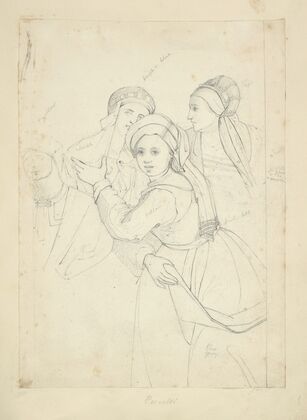 Three women in hats with trains viewed half length, a fourth figure partially sketched