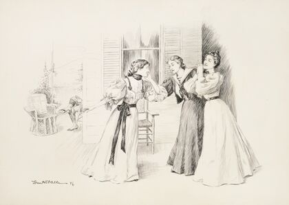 Three women laughing together, with a fourth reading around the corner. (1896)