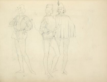 Three young men in tights and caps, wearing a smock, jacket, and cape