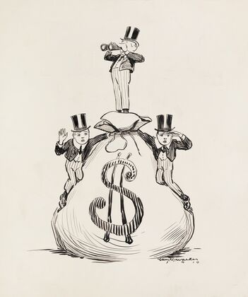 Three young men in top hats stand on top of a large bag of money, looking for something in the distance (1911)