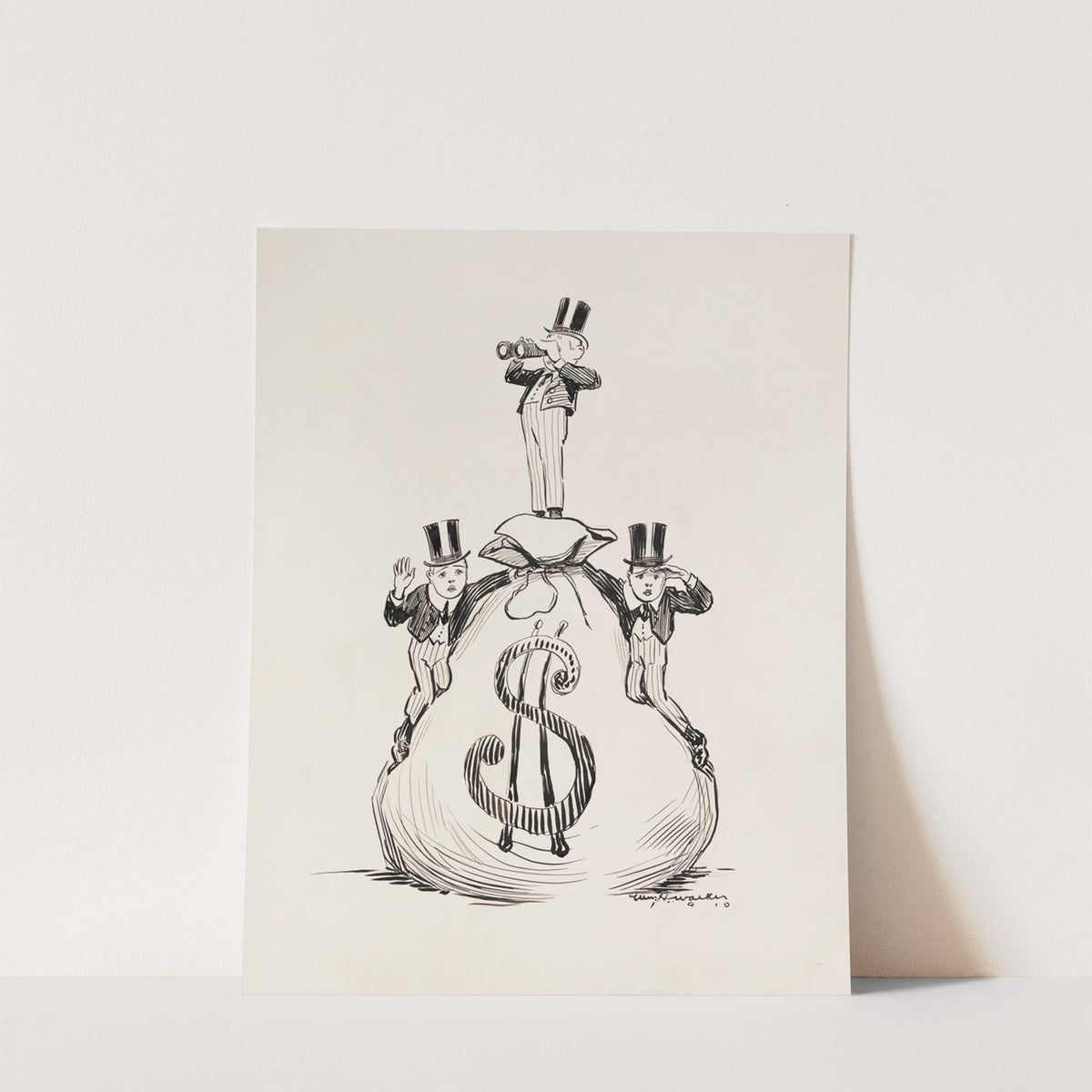Three young men in top hats stand on top of a large bag of money, looking for something in the distance (1911) by William Henry Walker