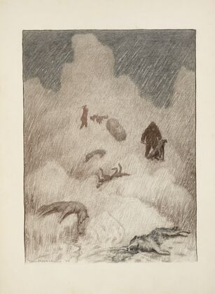 Through a storm, two figures can be seen clubbing dogs or wolves. The bodies of four others lie on the ground. (1897)