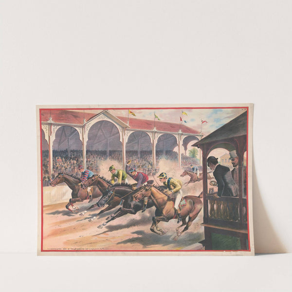 Timing a close finish of a horse race with five jockeys (1890) by Strobridge & Co. Lith.