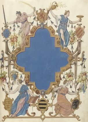 Titelblad met cartouche omgeven door vier allegorische vrouwenfiguren (1590-1593)