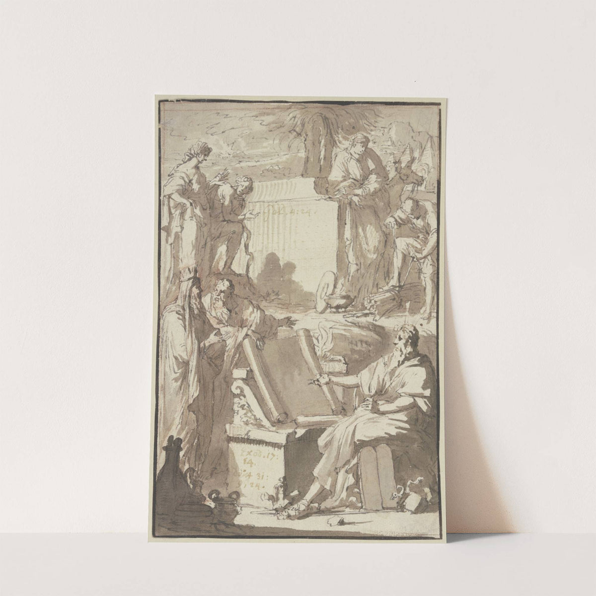 Titelblatt, oben das Motiv der arkadischen Hirten Poussins, unten rechts Mose by Pieter Tanjé