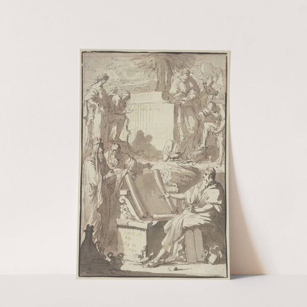 Titelblatt, oben das Motiv der arkadischen Hirten Poussins, unten rechts Mose by Pieter Tanjé