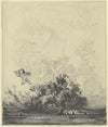 Titelblattentwurf fÃ¼r die Zeitschrift ‘Frankfurter Latern’; Ein Banner und eine Laterne tragende Putten Ã¼ber wolkenverhangener Silhouette von Frankfurt am Main