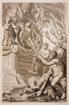 Title page with a bust of Carl Gustaf, king of Sweden, and a host of allegorical figures honouring him (1696) — size preview