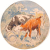 To kalve i det fri, slikkende en væltet mælkebøtte (udkast til keramisk fad) (1890)
