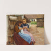 To piger med håndarbejde siddende på en gårdsplads by Hans Andersen Brendekilde