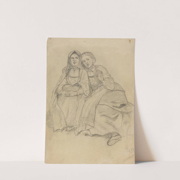 To sittende bunadskledde jenter (1869) by Adolph Tidemand