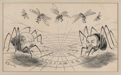 Ben Butler, Republican politician and John Kelly, Tammany Boss, have failed with deceit to trick the labor vote into their web. (1884)
