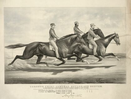 Toronto Chief, General Butler, and Dexter; in their great race under Saddles, over the Fashion Course, L.I. July 19th, 1866 (1866)