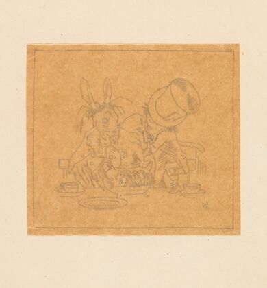 Tracing of Hatter and March Hare putting dormouse in teapot