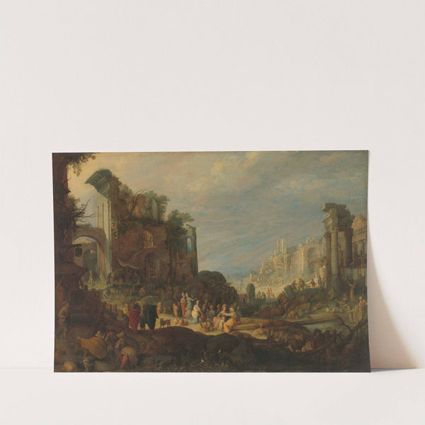 Travellers among Roman Ruins with Rebecca and Eliezer at the Well by Willem van Nieulandt the younger