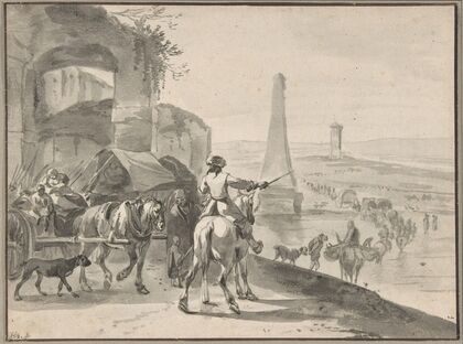 Travellers and wagons fording a river in a Southern landscape (ca. 1646–62)