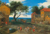 Travellers in a landscape with buildings