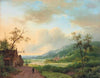 Travellers on a riverside track at dusk