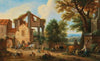 Travellers outside the gate of a town, near a fountain