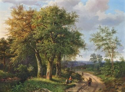 Travellers resting by a woodland path