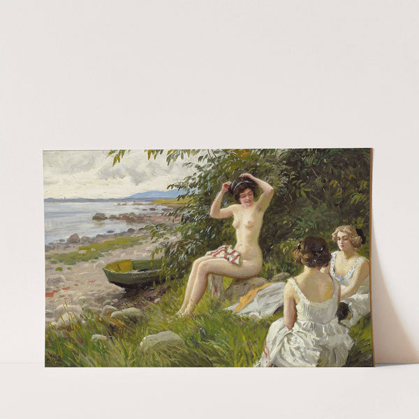 Tre badepiger i strandkanten by Paul Fischer
