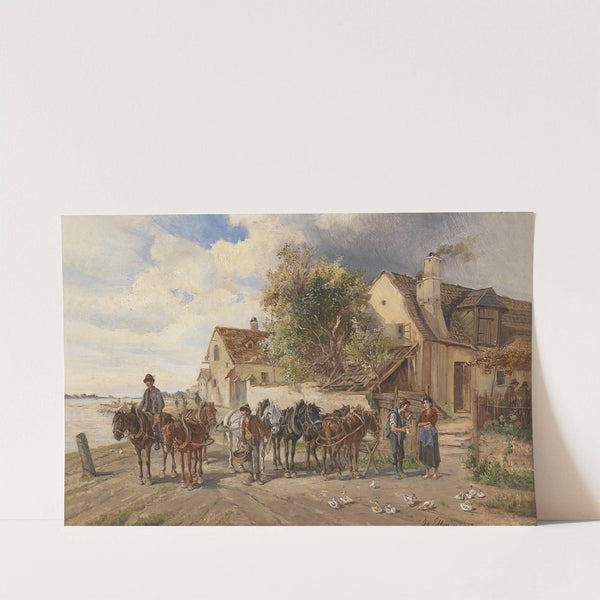 Treidelpferde am Flussufer by Ignaz Ellminger