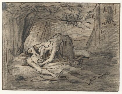 Treurende vrouw bij dode man: Pyramus en Thisbe