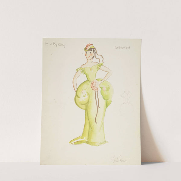 Trial by Jury: Bridesmaid. Green gown with puffed waist. Green cap with pink flowers (1934-1943) by Emile Stoner