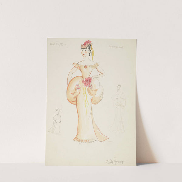 Trial by Jury: Bridesmaid. Orange dress with puffed waist. Orange cap with red flowers (1934-1943) by Emile Stoner