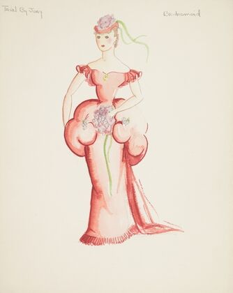 Trial by Jury: Bridesmaid. Pink gown with puffed waist. Pink cap with purple flowers (1934-1943)