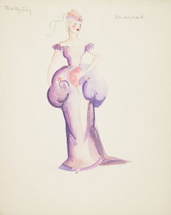Trial by Jury: Bridesmaid. Purple gown with puffed waist. Purple cap with peach flowers (1934-1943)