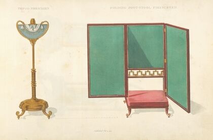 Tripod firescreen. Folding foot-stool firescreen.