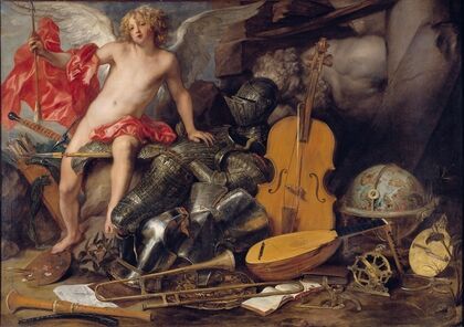 Triumphant Cupid among Emblems of Art and War