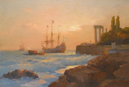 Triumphant Ship Approaching The Harbour