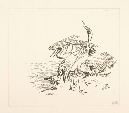 Trois grues au bord de la mer.
