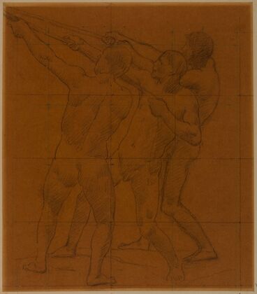 Trois hommes nus debout, tirant sur des cordes