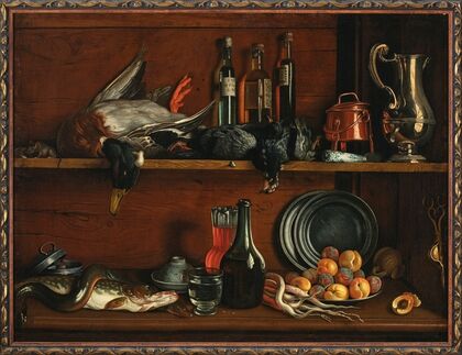Trompe-l’oeil – cabinet in the pantry with wild fowls, fish and fruit