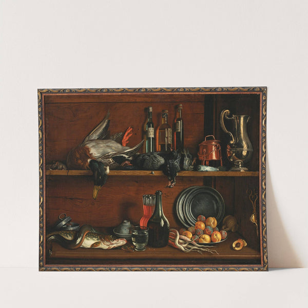 Trompe-l’oeil – cabinet in the pantry with wild fowls, fish and fruit by Jean Valette-Falgores