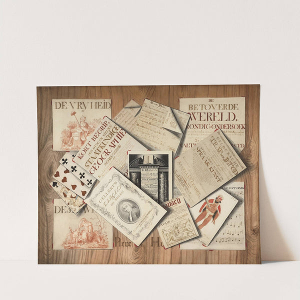 Trompe l’œil of a frontispiece of the Bible, scores and playing cards by Piere De Hoop