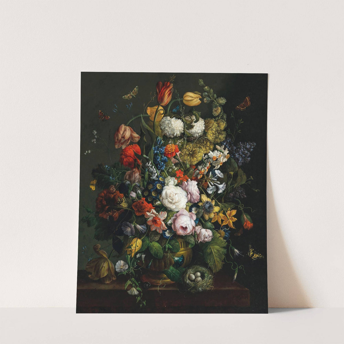 Tulips, daffodils, roses and other flowers in a vase on a stone ledge with butterflies and a bird’s nest by Johann Baptist Drechsler