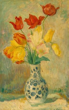 Tulips in a Delftware vase