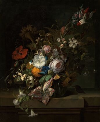 Tulips, rose, honeysuckle, apple blossom, poppies and other flowers in a glass vase, with a butterfly, on a marble ledge