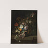 Tulips, rose, honeysuckle, apple blossom, poppies and other flowers in a glass vase, with a butterfly, on a marble ledge by Rachel Ruysch