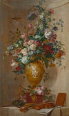 Tulips, roses, narcissi, morning glory and other flowers in a sculpted vase, with a violin and sheet of music (1803)