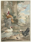 Turkey and Other Birds near Classical Ruins in a Park