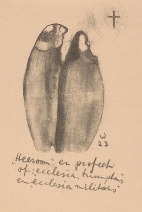 Twee figuren kijkend naar een kruis (1923)