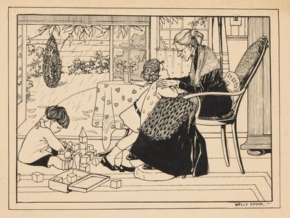 Twee kinderen en een oude vrouw in een interieur — size preview